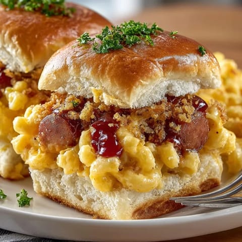 Freshly baked Mac and Cheese Hot Dog Sliders with crispy onion topping, ready for serving at a party.