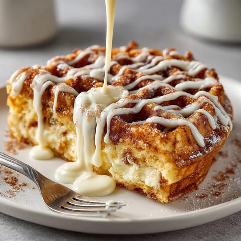 Freshly made cinnamon roll waffles topped with velvety cream cheese drizzle, perfect for a cozy breakfast.