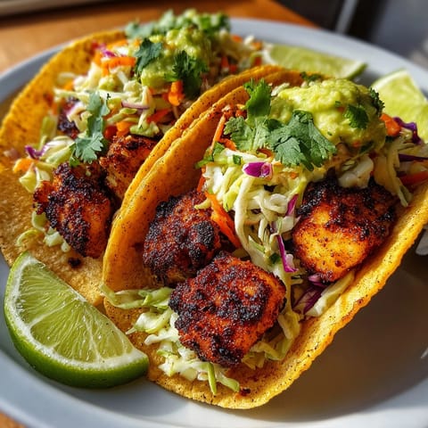 Close-up of spicy Cajun Blackened Fish Tacos with Avocado Slaw garnished with fresh cilantro and lime