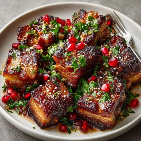 Close-up of juicy Pomegranate-Glazed Pork Belly Bites, garnished with pomegranate seeds and cilantro for a vibrant appetizer.