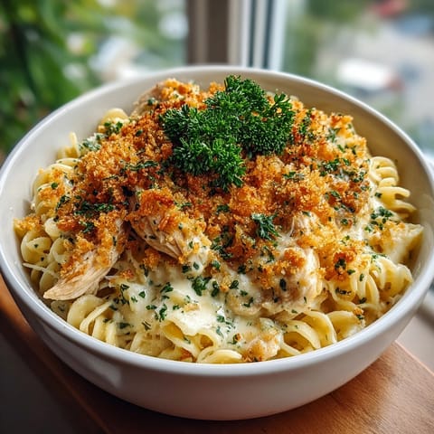 Creamy Garlic Parmesan Chicken Ramen Bake served hot, garnished with fresh parsley and bubbling cheese.