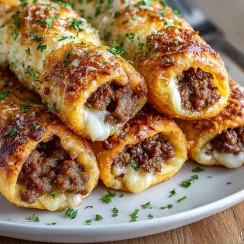 Close-up of Cheesy Taco Sticks sliced open, revealing gooey cheese and seasoned taco filling inside.