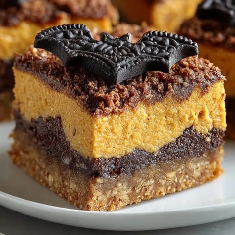 Buttery, spiced Pumpkin Pie Bars with bat cookies, cooling freshly from the oven.