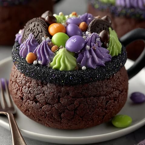 Homemade edible witch cauldrons: crisp chocolate cookie cups bubbling with sweet candy fillings.