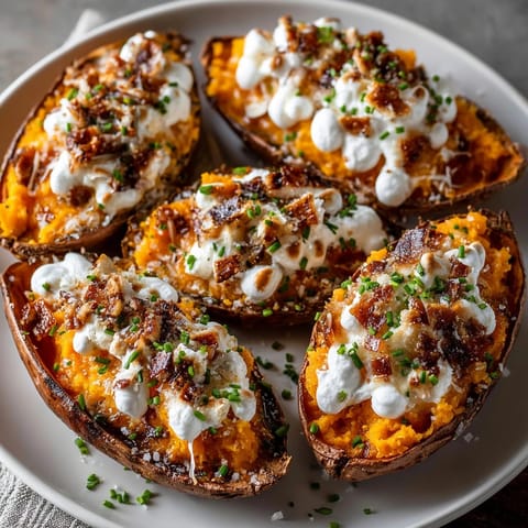 Savory-sweet Loaded Sweet Potato Skins: Imagine biting into warm potato with melted marshmallow.
