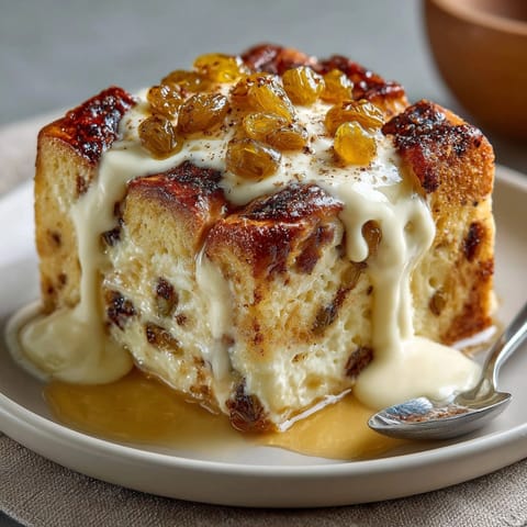 Homemade Eggnog Bread Pudding with Rum Sauce: A warm, spiced dessert in a baking dish.