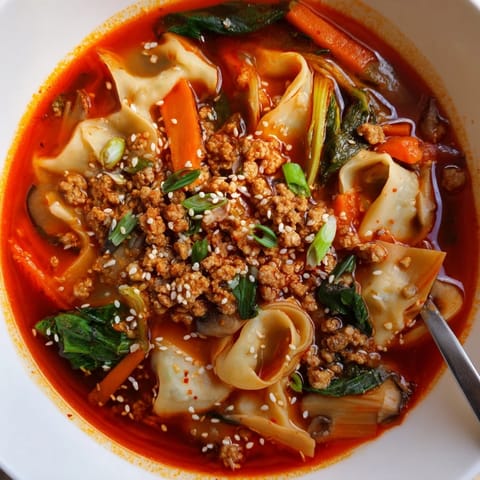A hearty bowl of Spicy Ramen-Inspired Lasagne Soup garnished with colorful herbs.  