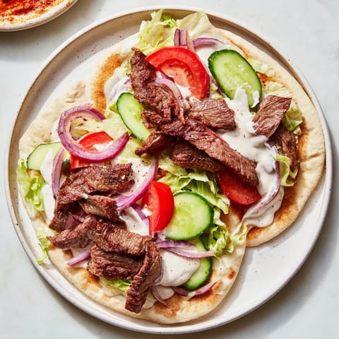 Warm flatbreads hold savory beef shawarma, layered with fresh garnishes and tangy, cool yogurt sauce.