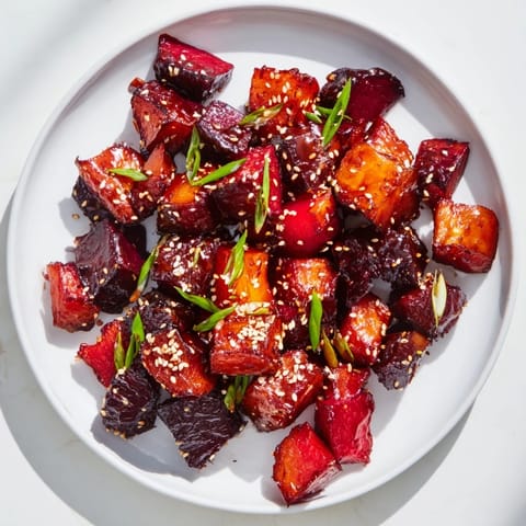 Vibrant, caramelized Miso Roasted Winter Vegetables, offering a delightful blend of textures and flavors.