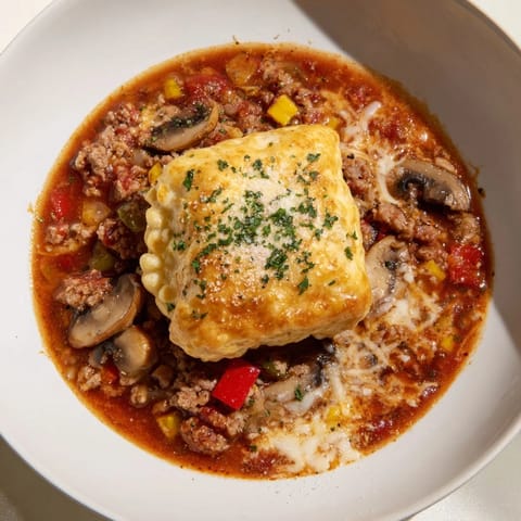 This comforting Pizza Pot Pie Soup mashup features melted cheese and hearty, savory ingredients.