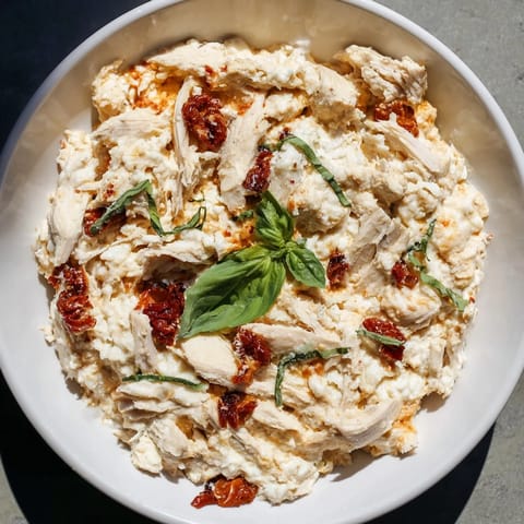 This delicious Lightened Marry Me Chicken Dip features shredded chicken, sun-dried tomatoes, and a cheesy, creamy base.