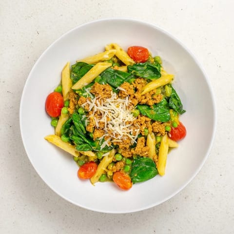 This One-Pot Creamy Pesto Pea Protein Pasta showcases a hearty, flavorful Italian-inspired vegetarian dinner.