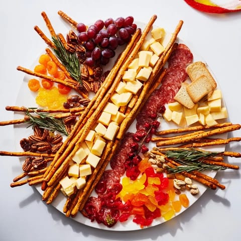 This enticing Flickering Fire Log Snack Board showcases a visually appealing spread with sweet and savory elements.