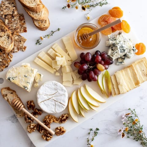 A close-up of a delightful Honeycomb, Honey & Cheese Board, showcasing various cheeses and fruits.