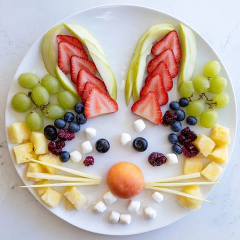 A colorful Bunny Face Fruit Salad Platter features ripe fruit artistically arranged for a healthy Easter treat.