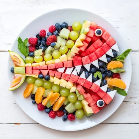 Vibrant Watermelon Shark Bite Board, a playful arrangement of fresh fruit ideal for parties and fun.