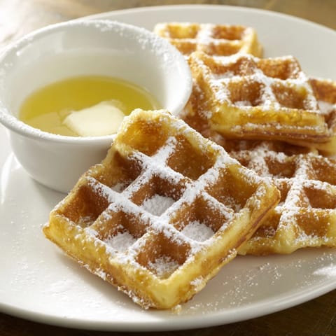 Crisp, cut waffle quarters next to a small bowl filled with warm, delicious syrup for dipping.