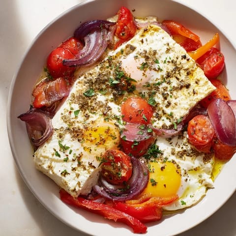 Mediterranean Baked Feta & Eggs: A close-up of a bubbling baked egg dish with vibrant tomatoes and creamy feta.