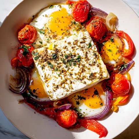 Freshly baked Mediterranean Feta & Eggs, the feta and eggs are golden in a rich tomato sauce.