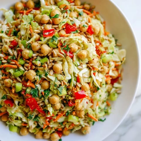 Freshly tossed chickpea salad with shredded cabbage, carrots, and a creamy tahini-lemon dressing.
