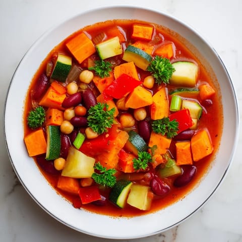 Close-up of a steaming Hearty Vegan Sweet Potato Stew, ready to serve with fresh herbs and lemon.