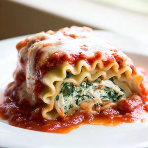 Tender pasta rolls filled with creamy chicken and spinach, served in a white baking dish with a side salad.