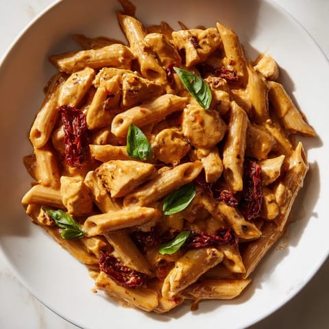 Sun-dried tomatoes and fresh basil garnish this creamy chicken pasta, served hot with melted Parmesan cheese for a cozy dinner.  