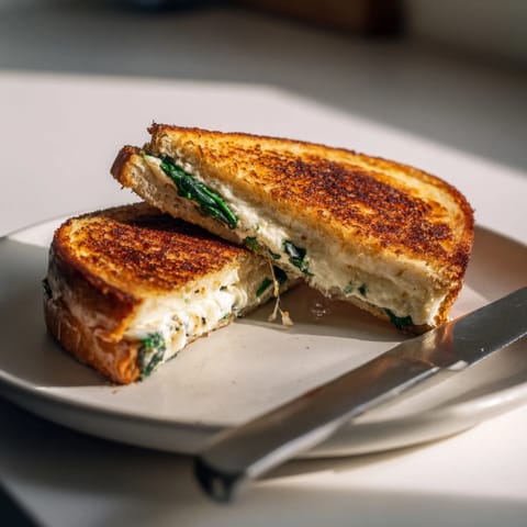 Two halves of a Feta & Spinach Stuffed Grilled Cheese, revealing a vibrant green spinach and feta filling.  