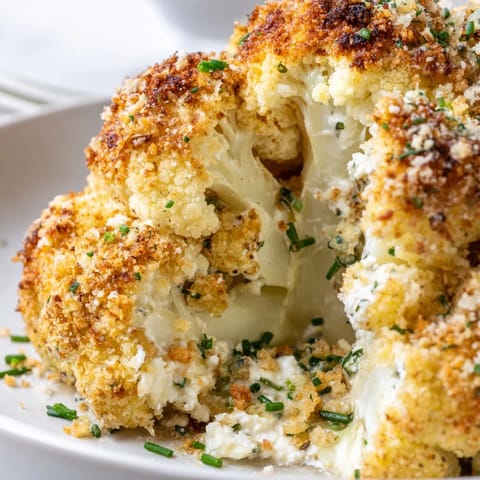 Sliced wedges of Cheesy Stuffed Cauliflower Head reveal a creamy, melted cheese filling with herbs, perfect for a gluten-free vegetarian dinner.
