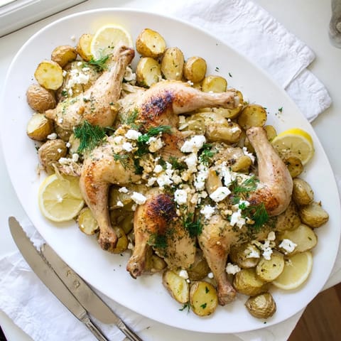 A close-up of roasted chicken thighs and lemon herb potatoes finished with creamy feta and dill for a Mediterranean dinner.  