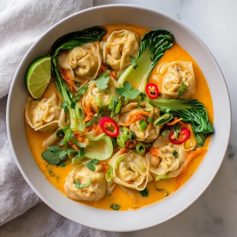 Vibrant Red Curry Wonton Soup with Greens served with fresh scallions, chili slices, and a lime wedge for a bright finish.  