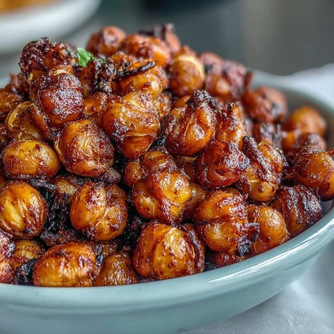 Golden crispy roasted chickpeas with smoky paprika and cumin spices on a parchment-lined baking sheet.