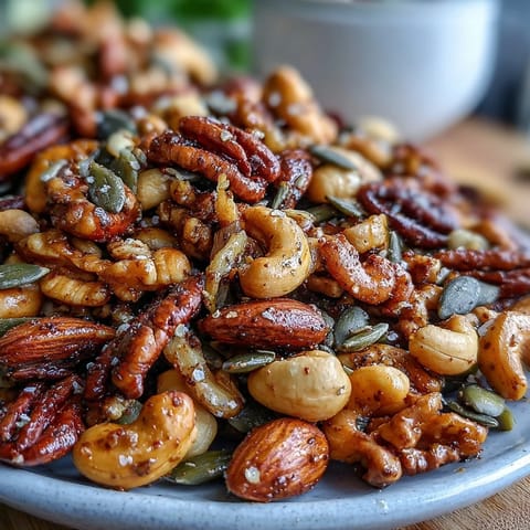 A close-up of Spiced Nuts and Seeds Mix glistening on a baking sheet, showcasing the vibrant golden turmeric and rich paprika coating on the almonds, cashews, and walnuts.
