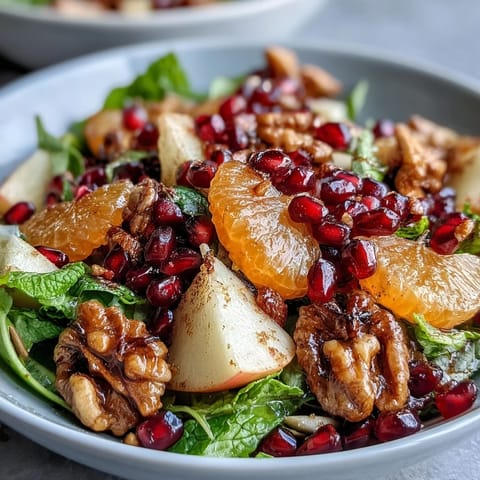 A close-up of the Pomegranate and Walnut Salad, showing vibrant red seeds and chopped walnuts on fresh apple and pear slices.