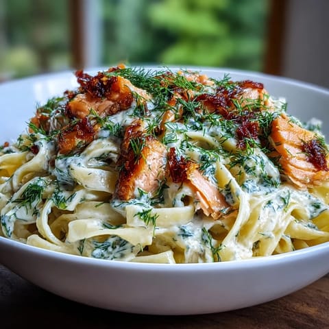 Creamy salmon pasta with lemon and dill, a perfectly plated weeknight comfort food.