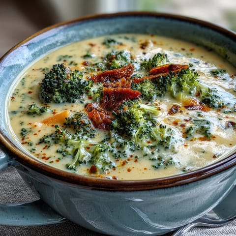 Creamy broccoli cheddar soup in a bowl, topped with melted cheese.