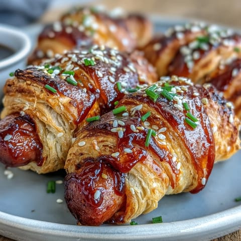 Party platter of Pepper Jelly Hogs in a Blanket served warm with a side of spicy mustard.