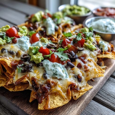 Homemade Baked Nachos loaded with seasoned beef, melted cheese, and fresh jalapeños, served on a platter.
