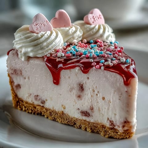 Side view of a homemade Candy Hearts Fake Cake decorated with crunchy conversation hearts and rainbow sprinkles on a smooth whipped frosting exterior.