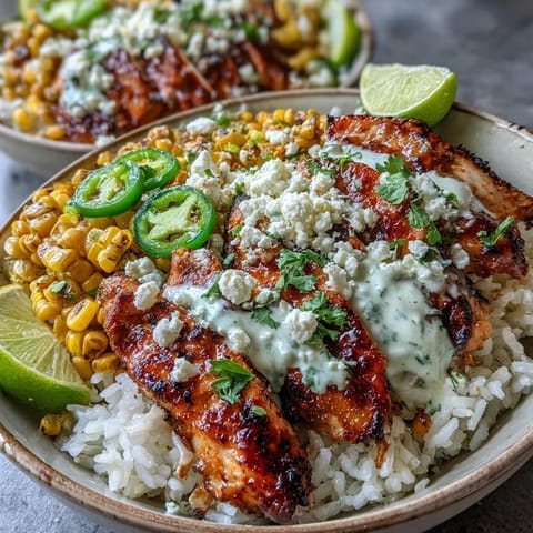 A close-up of a vibrant Street Corn Chicken and Rice Bowl with creamy white crema, crumbled cotija cheese, and fresh cilantro.