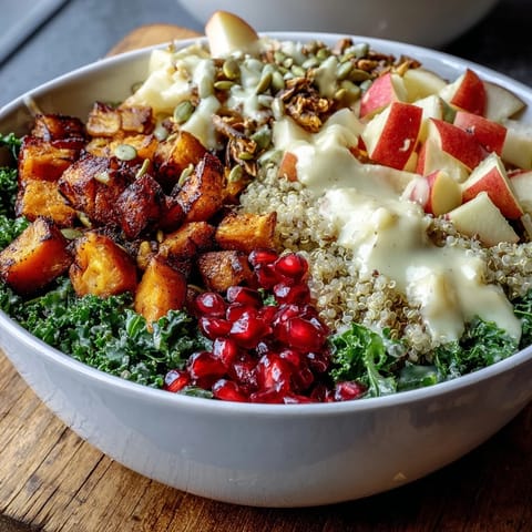 Crisp roasted sweet potato and massaged kale in a vibrant Kale Harvest Grain Bowl with quinoa and apple.