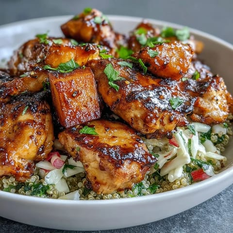 Hot Honey Chicken Bowl with golden roasted sweet potatoes, fluffy quinoa, and vibrant red cabbage slaw for dinner.