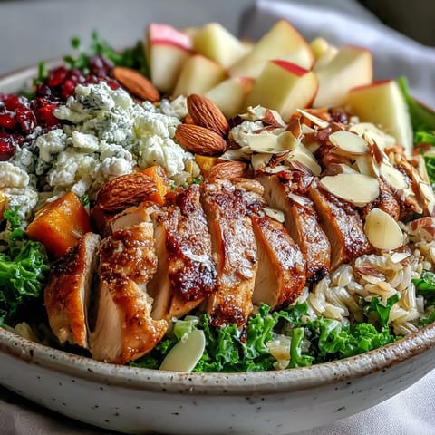 A vibrant Harvest Bowl with roasted sweet potatoes, sliced chicken, kale, and diced apples topped with goat cheese.