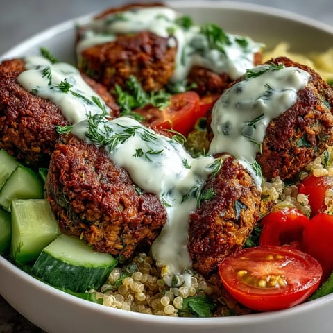 Golden baked falafel sits atop fluffy quinoa with diced cucumber, tomatoes, and green onions, all drizzled with creamy garlic tahini sauce in this Falafel Quinoa Salad Bowl.