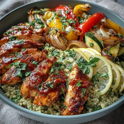A wholesome paprika herb chicken bowl showcases tender roasted zucchini, bell peppers, and red onion, finished with fresh parsley and lemon wedges.