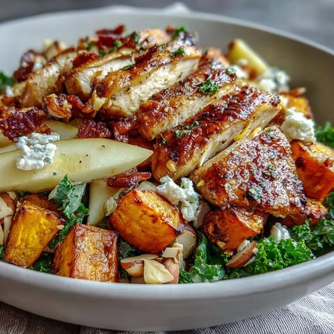 Fall Sweet Potato Harvest Bowl topped with crumbled goat cheese, toasted almonds, and a drizzle of tangy balsamic vinaigrette for a perfect autumn meal.