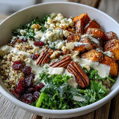 Harvest Kale Quinoa Bowl with roasted sweet potatoes, massaged kale, and tangy blue cheese drizzled in creamy lemon tahini dressing.