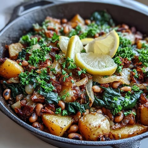A close-up of the hearty Black-Eyed Pea Skillet Dinner, featuring golden potatoes, tender peas, and wilted spinach in a seasoned cast iron pan, ready to serve.  
