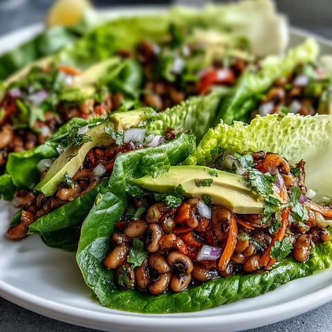 Golden sautéed black-eyed peas mixed with shredded carrots and cherry tomatoes, neatly folded into tender romaine lettuce wraps for a refreshing bite.