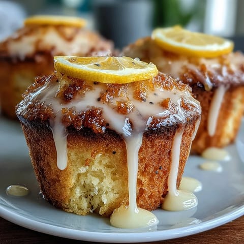 Fresh lemon poppy seed muffins with a glossy glaze, perfect for a bright spring brunch spread.  